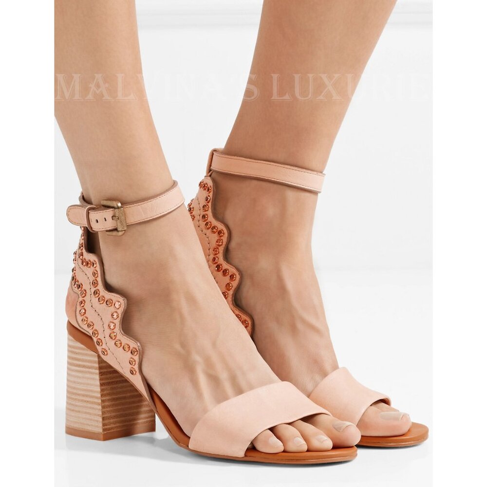SEE BY CHLOE SHOES CRYSTAL BEIGE LEATHER SANDALS SCALLOPED sz 39 9
